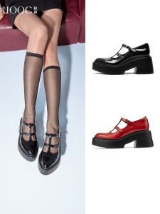 รองเท้าส้นสูงสไตล์มารีจีนสีดำ รองเท้าแฟชั่นฤดูใบไม้ร่วงสำหรับผู้หญิง ส้นหนา หัวแหลม ทรงหัวมน วัสดุหัวรองเท้าแบบหนังวัว