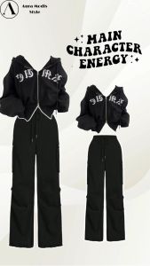 One set 4in1 Wanita Kekinian Outfit ( Atasan Sweater + Celana Cargo Hitam + Tas + Kacamata ) AM243R