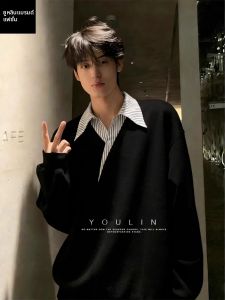 YOULIN | Two-piece Faux Layered Polo Shirt Black Striped Long-sleeve