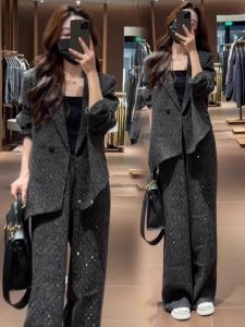 Fashionable Womens Two-Piece Set Starry Sky Shiny Diamond Suit Jacket Wide Leg Pants Spring Autumn New Arrival Breathable