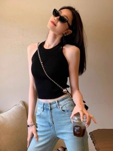 Áo Ba Lỗ Không Tay Cổ Treo Kiểu Mỹ Cho Nữ Mùa Hè Áo Khoác Ngoài Giảm Mỡ Bụng Không Tay Áo Len Dệt Kim Hở Lưng Gợi Cảm