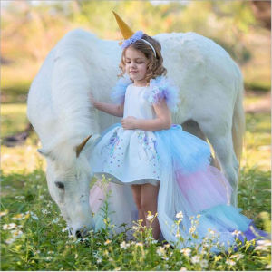 Unicorn Princess Dress with Detachable Shawl for Girls Halloween Costume Fairy Tale Skirt Mesh Material Short Length Skirt