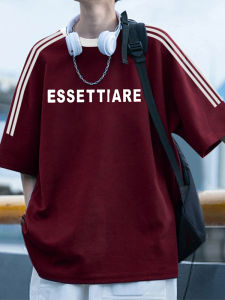 เสื้อยืดแขนสั้นผู้ชายคอตตอนแท้สีแดงม่วง ทรงหลวม ระบายอากาศได้ดี ทรงหลวม แฟชั่นฤดูร้อน เสื้อยืดแขนสั้นลายทาง