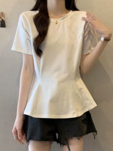 Shoulder Short-Sleeved T-shirt Bottoming Shirt Womens Summer Wear Plus Size Plus Size Ladies Slimming Belly-Covering Fancy Cinched Peplum Tops