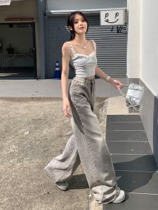 Quần Jeans Ống Rộng Dài Màu Xám Cao 175 Cm Cho Nữ Quần Ống Rộng Cạp Cao Quần Dài Dài Đến Sàn Phong Cách Retro Mỹ