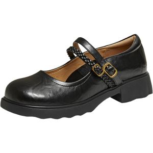Round Head Thick Sole Black Mary Jane Flats with Chunky Heel