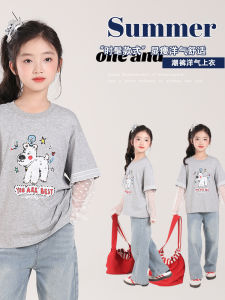 Girls Lace Long Sleeve T-Shirt Cartoon Print Casual Loose Fit Summer Cotton Top for Little Girls Ages 5-13 Fashionable Outfit