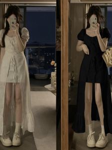 High-Waist Slimming White Short-Sleeve Dress for Plus Size Women French Style Square Neck Tied Dress Summer Fashion