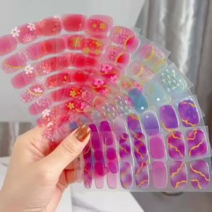 16Tips Baking-Free Gel Nail StickersPink Floral Gold Line Design Self-Adhesive Nail Strips for Spring Summer Women Manicure Wrap