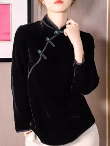 Korean Japanese Style Womens Velvet Top Stand Collar Vintage Buttoned Tang Suit Cashmere Sweater All-Match Long Sleeve Business Wear