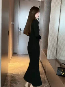 Elegant V-neck Midi Dress Womens Fashion Slimming High Waist A-line Skirt Korean Style Long Sleeve Autumn New Arrival