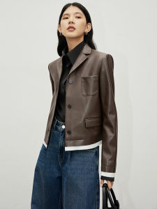 Effortless Layering Shortened Patchwork Jacket Small Collar Design PU Leather Straight Cut Commute Style for Women in Their 30s