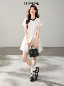 HTMEME | Color-blocked Striped Short-sleeved Flounce Hem Womens Summer Dress