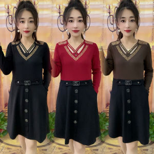 Spring Autumn New V-neck Sequin Knitted Lace High Elasticity Midi Dress Womens Commute Style Long Sleeve Other100% Material