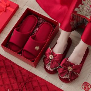 MONLEYTA | Luxury Red Winter Wedding Cotton Slippers for Newlyweds