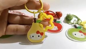 Sanrio | Kitty Laser Keychain JP Anime Kuromi Card Cartoon Fruit Portable Phone Bags Pendant Cute Bell Colorful 5.5cm Acrylic Child Gifts