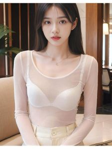 Áo Lưới Gợi Cảm Phong Cách Hàn Quốc Áo Lưới Trong Suốt Mỏng Áo Lưới Bó Sát Áo Lưới Đa Năng Áo Lưới Dài Tay Cổ Tròn Màu Trơn
