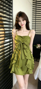 GUZILIAN | Sweet Style One-shoulder Bow Straps Irregular Sleeveless Short Dress