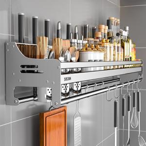 Stainless Steel 304 Wall-Mounted No-Drill Kitchen Storage Rack Multi-Functional Home Use Knife Holder Spice Organizer