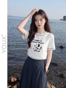 YOUXIANG | Áo Thun Dễ Thương Mùa Hè Form Rộng In Hình Chó Tròn Cổ Mới