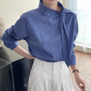 French Vintage Blue Plaid Long Sleeve Shirt Womens New Design Sense Elegance Overhead Fashionable Top Pure Cotton Breathable