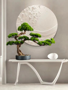 New Chinese Style Living Room Decorative Potted Fake Pine Tree Tabletop Green Plant Ceramic Resin Wood Material Entrance Decoration