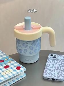 Bablov 610ml Insulated Mug 316 Stainless Steel Cute Straw Cup Desktop Coffee Cups Leopard Print Home Travel Tumbler Girl Gifts