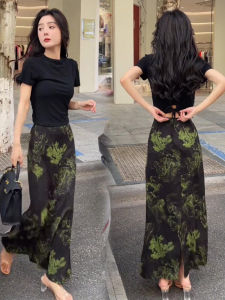 Elegant Vintage Two-Piece Set Womens Summer Fashion Hollow out Back Top Half Skirt Ensemble Short Sleeve Suite for Ages 35+