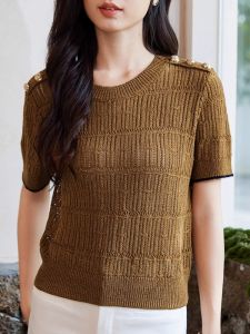 WANGGONGZHU | Princess Style Ice Silk Short Sleeve Knitted Top Womens Summer Thin Hollow Out Color Block Fashion Design Regular Fit Round Neck