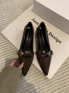 French Style Womens Shoes 2025 New Design Belt Buckle Chunky Heel Pointed Toe Fashionable Elegant White Leather Single Shoes