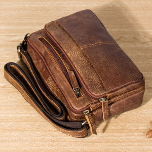 Handmade Frosted Leather Mens Casual Single Shoulder Bag Top Layer Cowhide Multi-layer Zipper Small Crossbody Bag