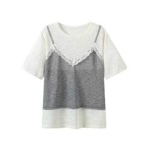 YUEZHONGWEI | French Lace Splice Yellow Color Block Short Sleeve T-Shirt Women Summer Loose Slimming Young Looking Top Korean Style Round Neck