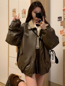 American Retro PU Leather Coat Double-Sided Lamb Wool Outwear Womens Autumn and Winter New Arrival Fleece-lined Thickened Fancy Cotton-Padded Coat