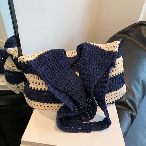 Fashion Striped Summer Shoulder Bags for Women Woven Seaside Beach Vacation Travel Handbags Female Shopping Totes Purse