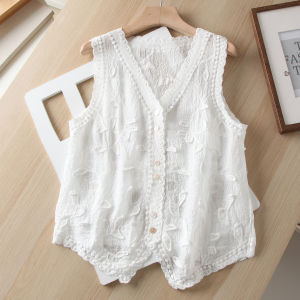 Elegant Thin Embroidered V-Neck Womens Vest Top Outerwear Cotton Summer Fashion Sleeveless Patchwork Design Casual Style