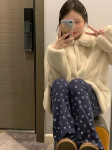 กางเกงขายาวทรงหลวมเอวสูงสำหรับผู้หญิง ทรงสลิมฟิต ลายยิ้ม ผ้าถัก กางเกงขายาวทรงหลวม ทรงเกาหลี ฤดูร้อน 2023