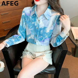 AFEG New Korean Shirt Collar Fashion Loose Versatile Retro Tie Dye Chiffon Long Sleeve Blouse for women