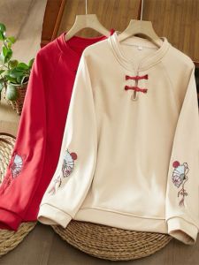 เสื้อฮู้ดสีแดงสไตล์จีนใหม่ เสื้อผ้าผู้หญิงฤดูใบไม้ผลิและฤดูใบไม้ร่วง ไซส์ใหญ่ ฤดูใบไม้ร่วง กระดุมจีน ชุดจีน เสื้อผ้าทำงาน
