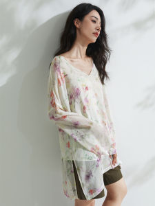 Miccbeirn | 100% Silk Long Sleeve T-Shirt V-neck Floral Print Leisure Casual Top Set Vintage Style Loose Fit Summer Thin Fabric