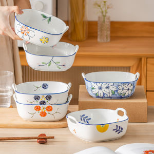 Air Fryer Ceramic Bowl Container with Handles for Oven And Microwave Use Baking Dish Salad Bowl Cute Fresh Style Square Shape