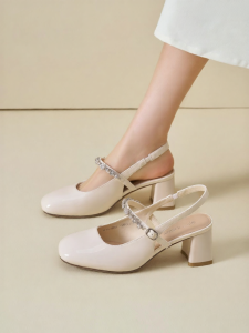 Josiny | French White Diamond Heel Mary Janes Woman Shoes