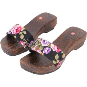 New Womens Slip-On Dance Practice Wooden Clogs Floral Design School Style Home Comfort mid Heel Wood Bottom Sandals