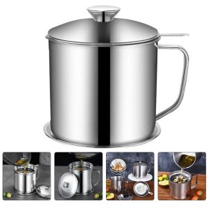 [Same Day Ship]  1.2L 304 Stainless Steel Oil Strainer Pot with Lid Tray Kitchen Cooking Oil Dispenser Container Bottle for Home Kitchen