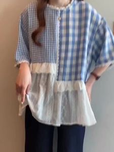 AIYITI | Lace Grid Splice French Sweet Short Sleeve Shirt