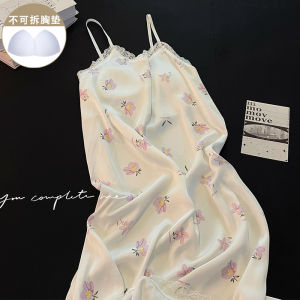 2024 Summer New Lace Trimmed Sleep Dress Womens Home Clothes with Chest Pad Strap Green Wave Pattern Sweet Style Print Fabric