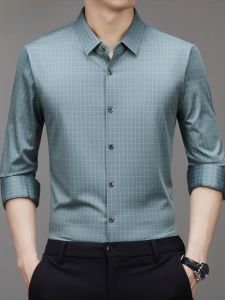 HENGYUANXIANG | Spring Autumn Plaid Long Sleeve Mens Shirt Elastic No Ironing Business Casual Premium Shirt Comfortable Nylon Spandex Blend