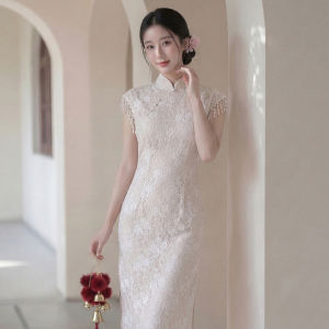 White Lace Cheongsam Dress Modified Waist-cinching Petite Formal