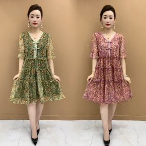 ชุดเดรสยาวปานกลางผ้าตาข่ายทรงหลวมสไตล์วินเทจสำหรับฤดูร้อน ทรงเอ แขนกุด คอวี กระโปรงทรงเอ ชุดทำงาน ชุดลำลอง