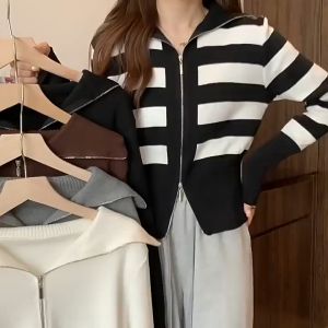 FRAN Autumn and Winter Hooded Knitted Coat Women Casual Long Sleeve Zipper Sweater Coat