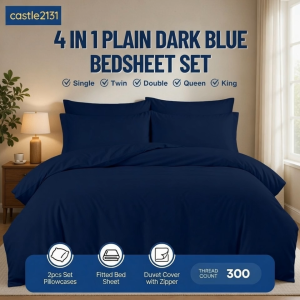 4-in-1 Dark Blue Bedding Set Fitted Sheet Zipper Duvet Cover 2 Pillowcases Soft Hotel Quality Bedsheet Set for Bedroom Comfort Mattress Cover Set